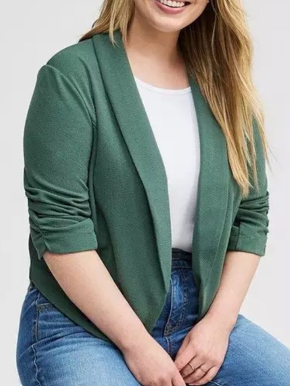 TORRID 3 Plus Size Textured Crepe Shawl Collar Blazer Green Open 3/4 Sleeve Crop